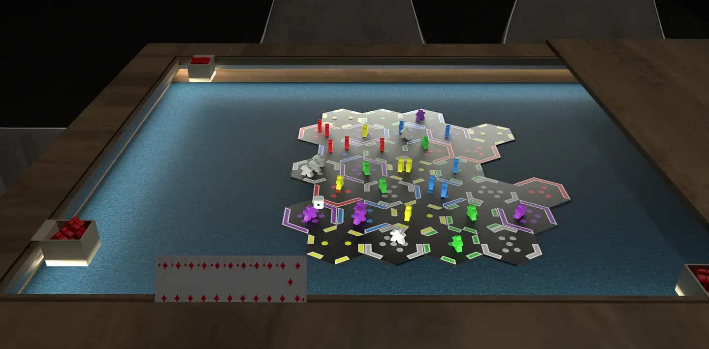 Another view of the Rulebook board-game table — recessed felt surface, cup holders and game components