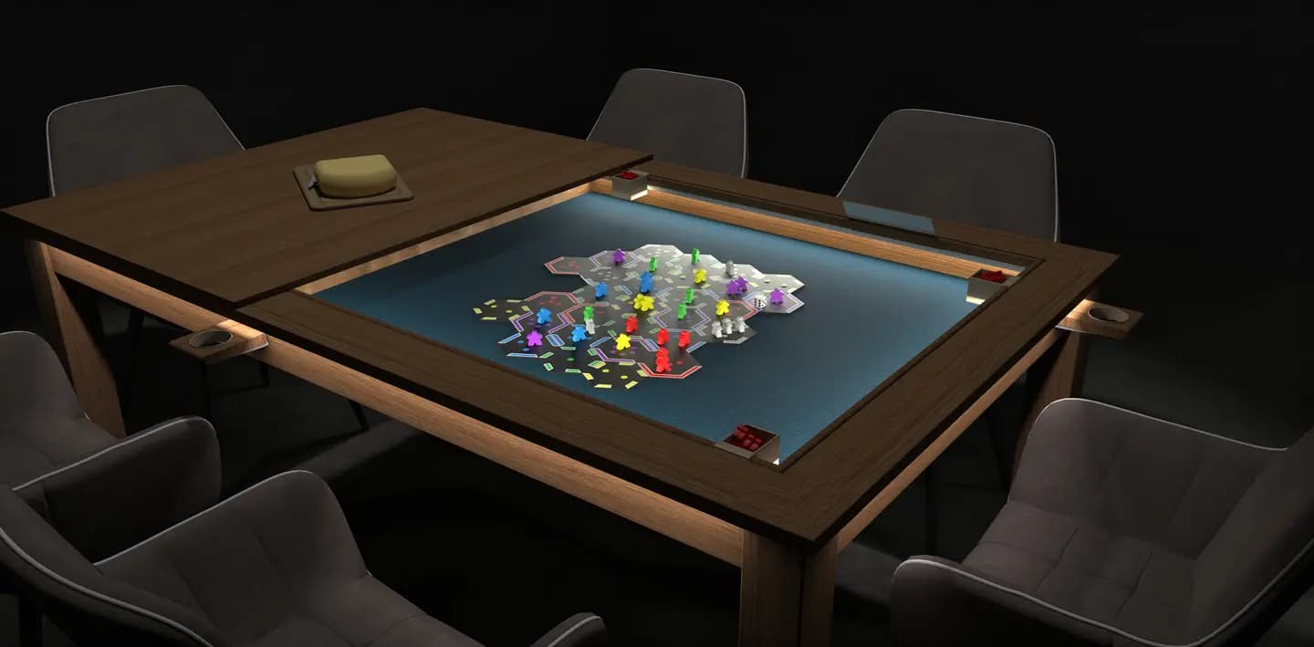 A wooden board-game table with a recessed felt playing surface, game pieces and cup holders