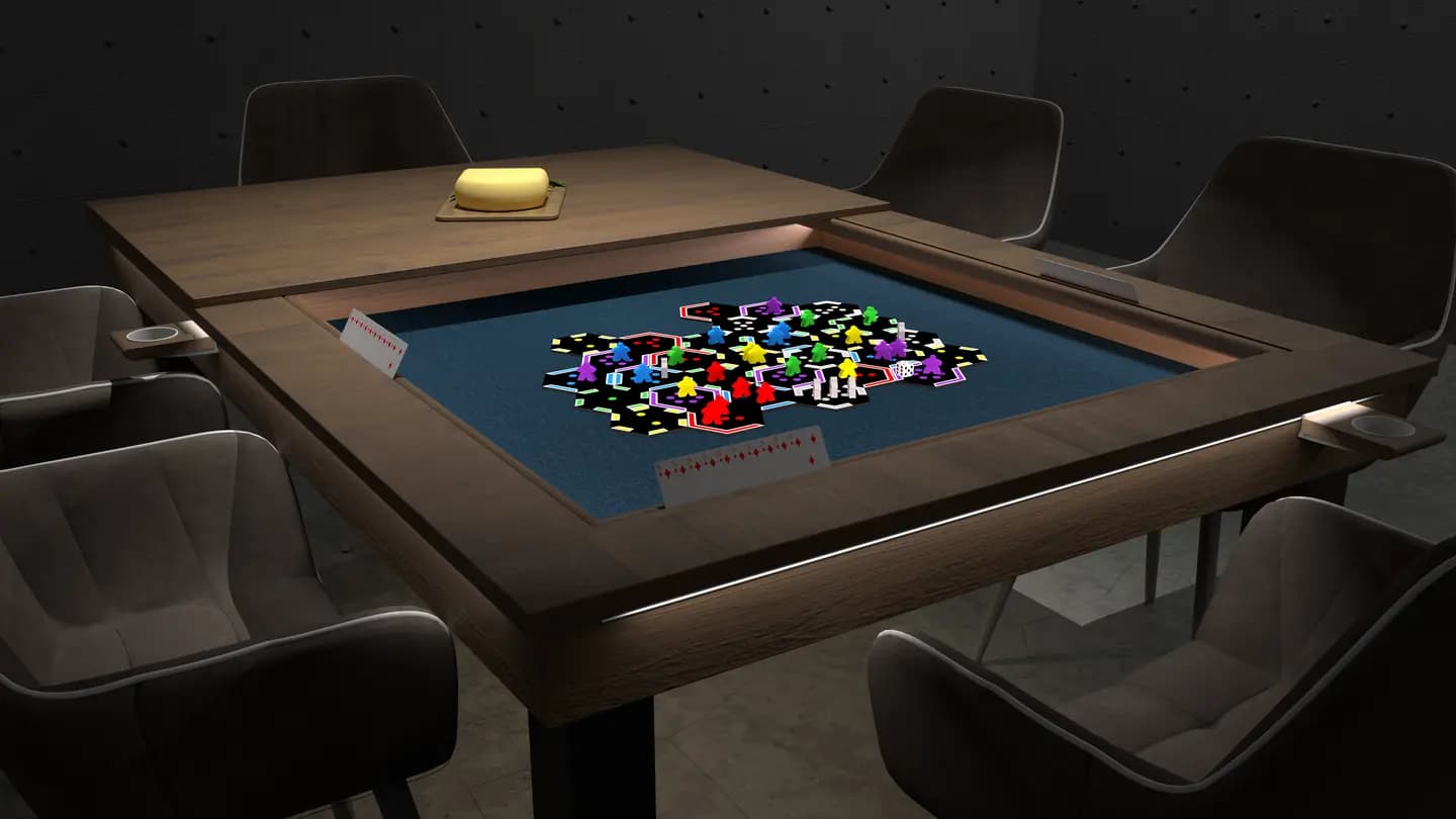 A Rulebook table set up mid-game, with players' hands reaching for pieces