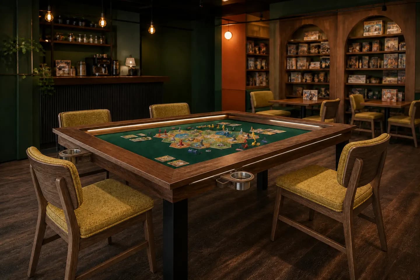 Recessed green playing surface inside the Rulebook table