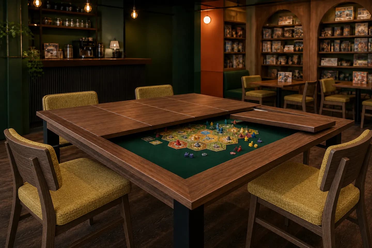 Walnut cover tiles closing over an active board game