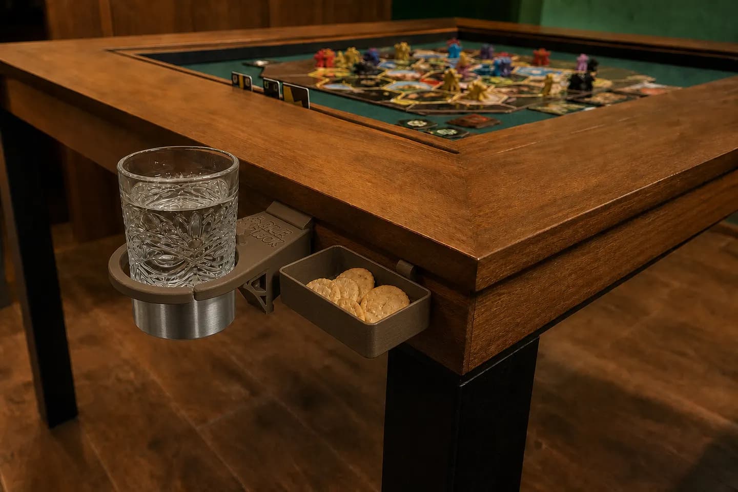 Cup holder and snack tray attached to the outside table rail