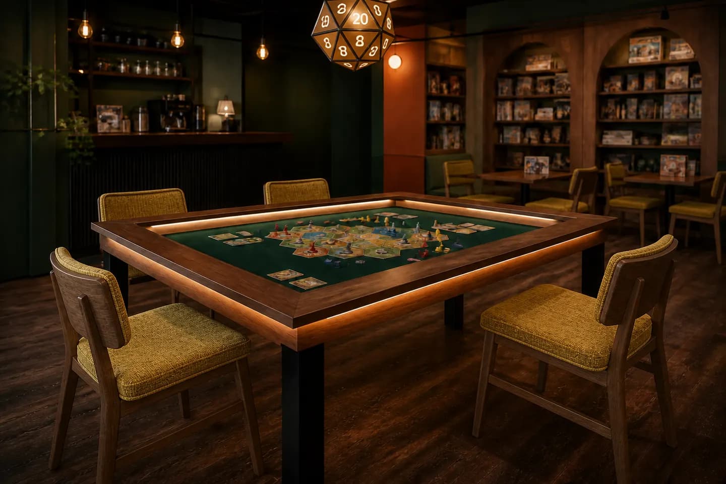 Board-game table lit by inner LEDs and a warm outer glow
